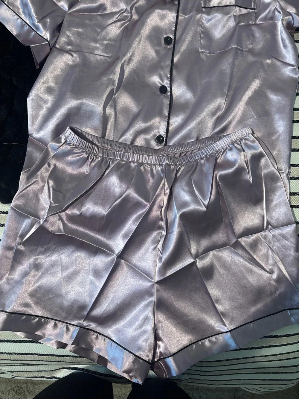 Satin Short Sleeve Pajama Set - Lavender with Black Piping